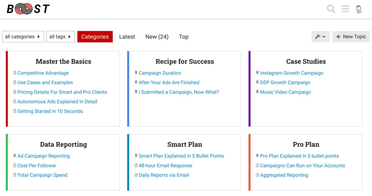 A screenshot of https://community.b00st.com/, a place to learn about key product features and interact with the b00st.com team.