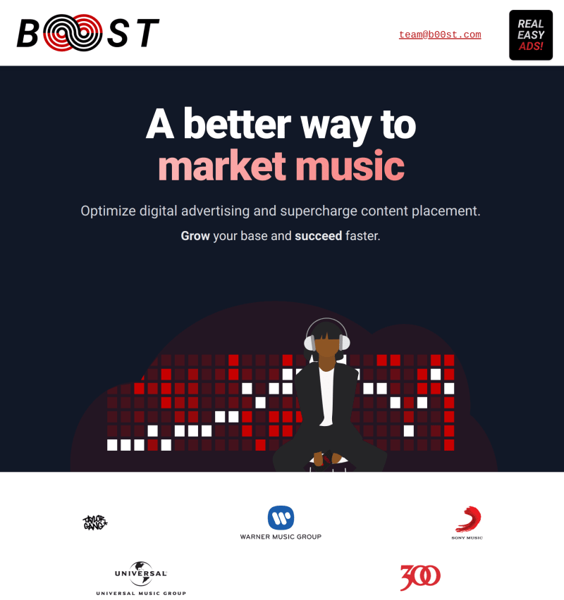 b00st.com landing site in a vertical position with the b00st.com logo in the upper left, the b00st.com Real Easy Ads button in the right, and the 'A better way to market music' slogan below, in the hero.