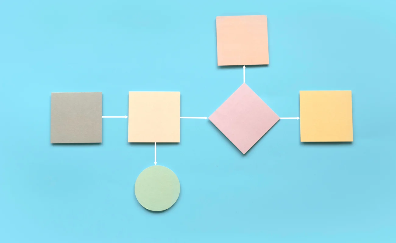 Physical, brightly colored objects represent a flow diagram for demonstrating practical data modeling at Tincre.