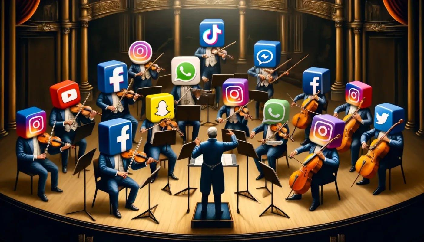 A creative depiction of a small chamber orchestra, featuring a conductor and musicians represented by anthropomorphized logos of TikTok, Facebook, Instagram, WhatsApp, Google, and YouTube.