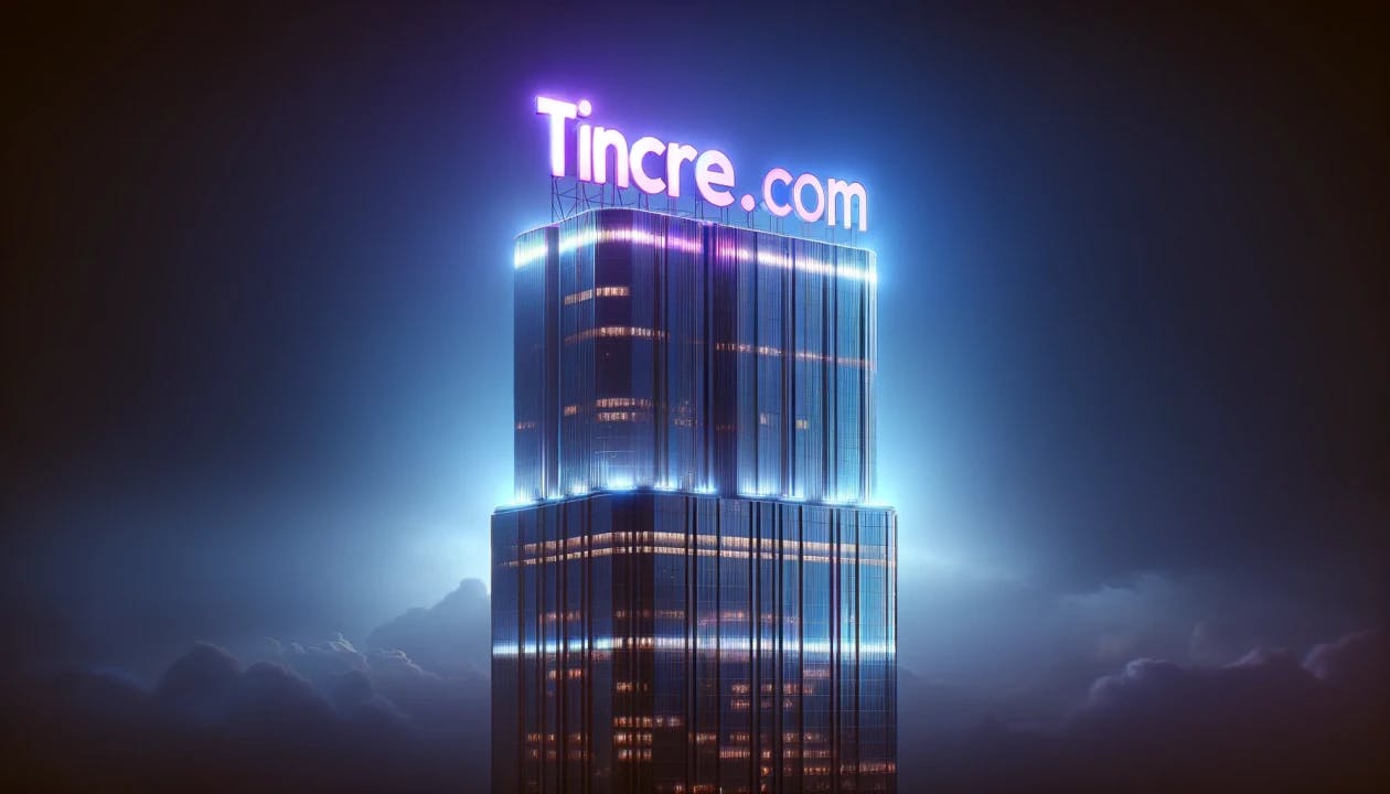 The Tincre.com logo atop a skyscraper at night in neon purple, generated by OpenAI's ChatGPT 4.