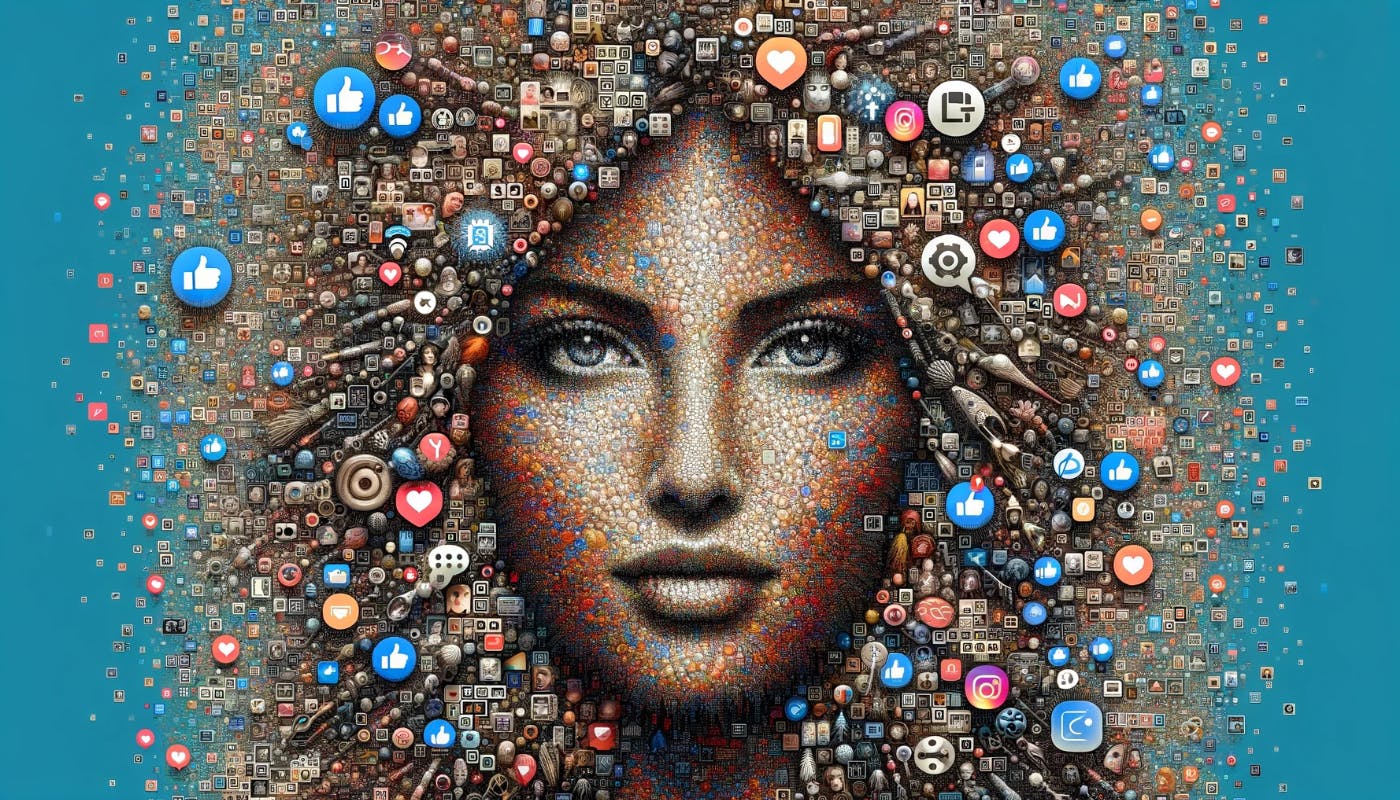 A colorful digital medusa with snakes replaced by a web of social network icons in various sizes on a teal backdrop.