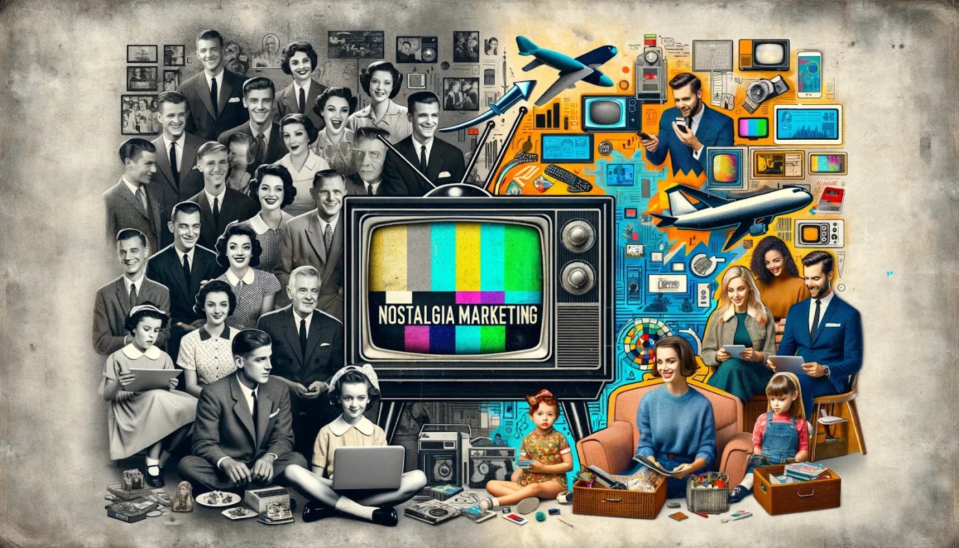 This image juxtaposes two eras to illustrate the concept of nostalgia marketing. On the left, a monochrome collage represents the mid-20th century, featuring a diverse array of smiling people in vintage clothing, some holding period-appropriate technology. In the center, a colorful vintage television screen prominently displays the words 'Nostalgia Marketing.' To the right, modern life is depicted in vibrant colors, with contemporary characters using advanced technology such as smartphones and laptops. Both sides are filled with a variety of objects and electronic devices, suggesting a connection between past and present through marketing.