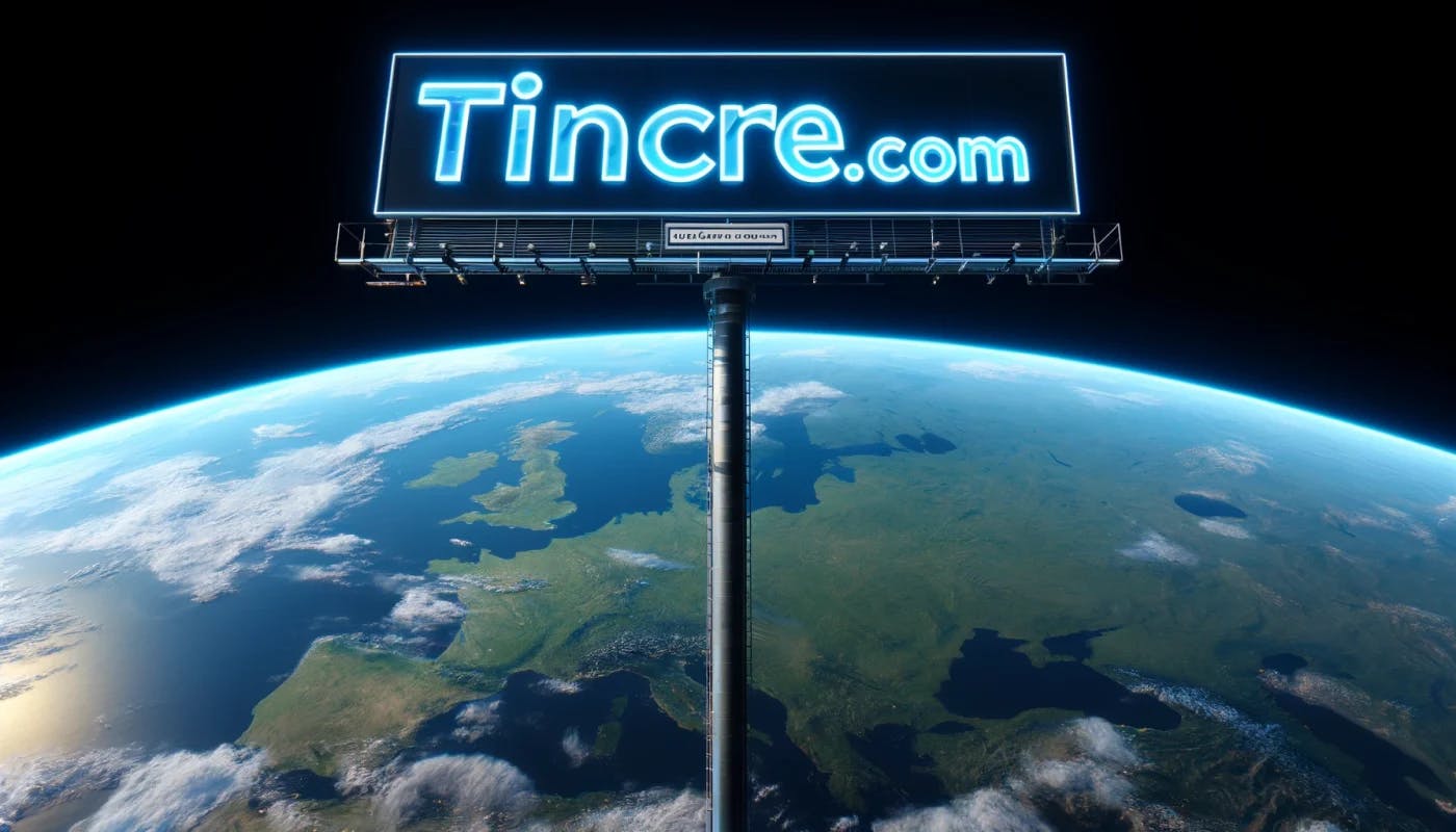 Tincre.com scrawled across a billboard in clear neon-indigo letters set against the Earth as viewed from space. The billboard is larger-than-life sticking up from the earth. The picture is centered on Earth looking at continental Europe.