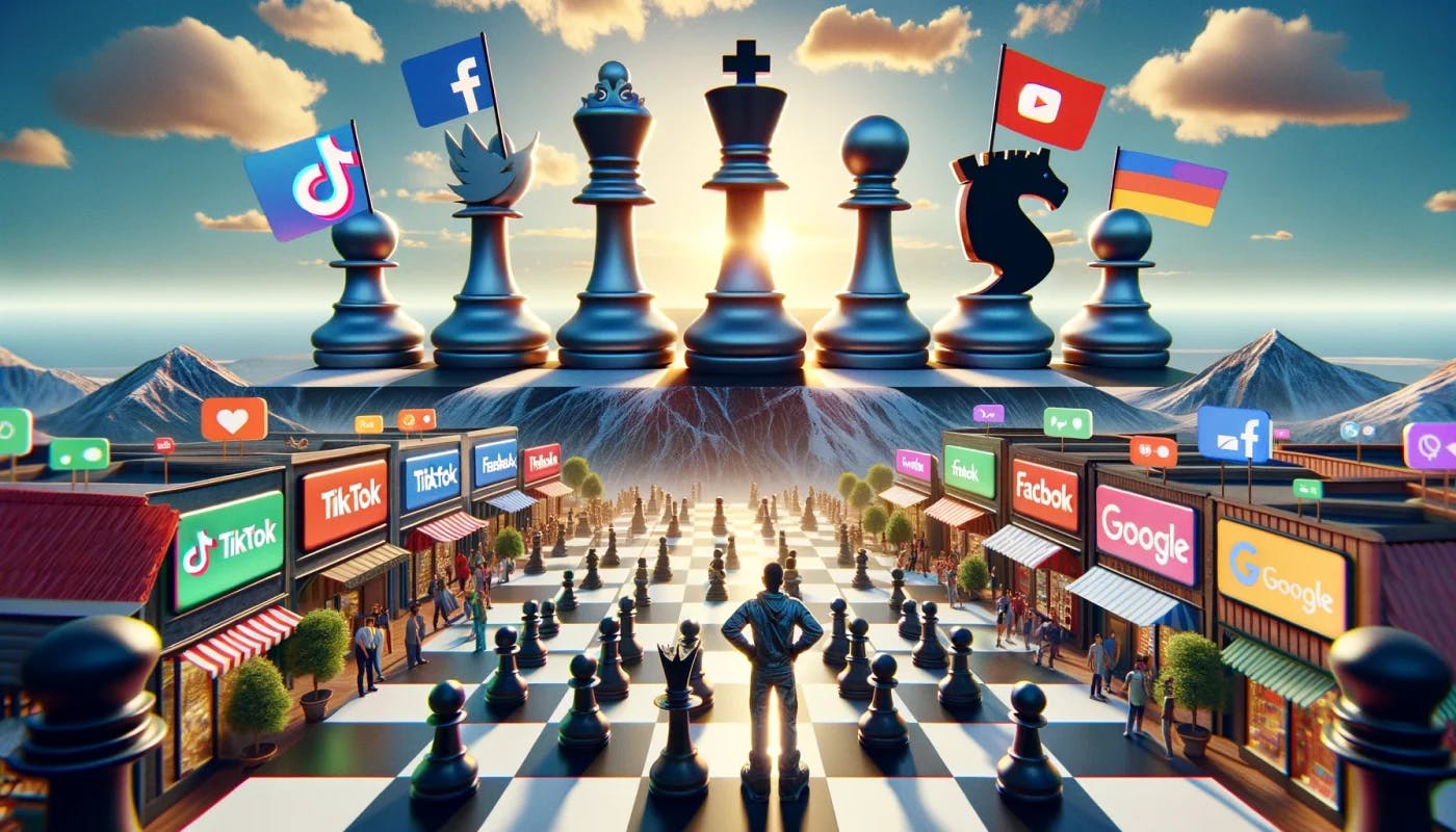 A colorful chess board with pieces that resemble social media logos like facebook, instagram, google, youtube, and twitter.