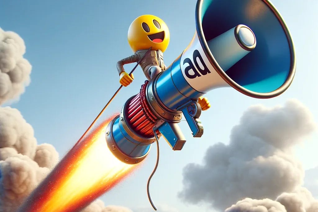An Evil Knievel-like emoji rides a megaphone like a rocket in the sky.