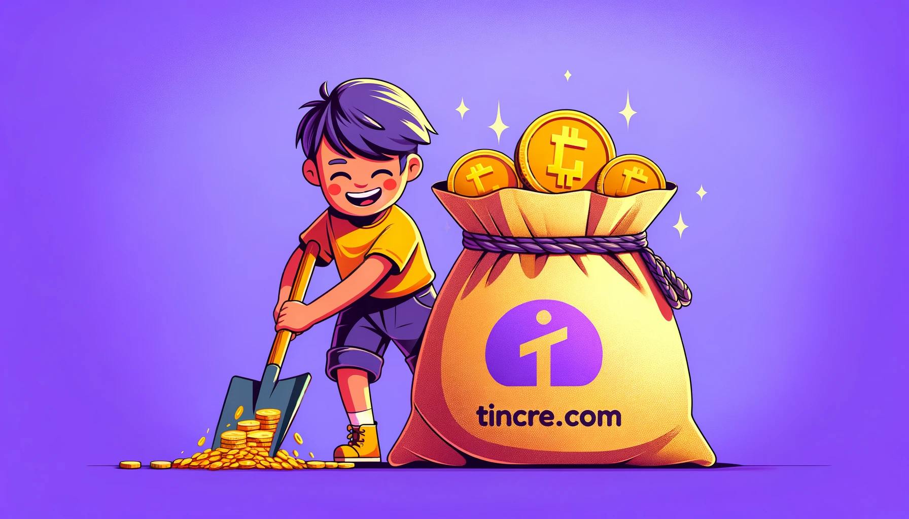 A tincre.com client happily shoveling his referral money into a canvas bag with tincre.com spelled in purple on the side.