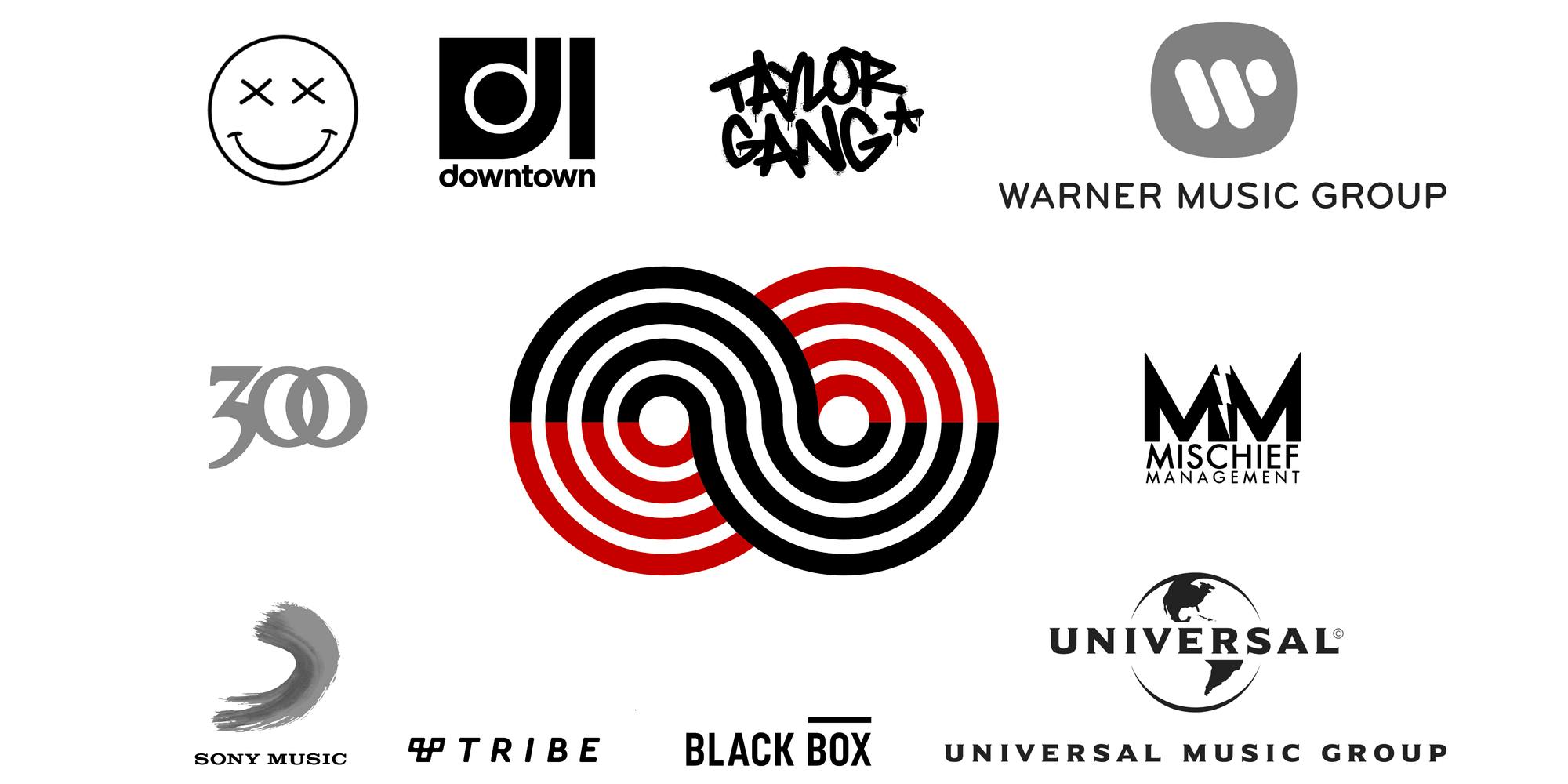 A graphic including logos of Universal Music Group, Warner Music Group, Downtown Records, Taylor Gang, Sony Music Group, and more.