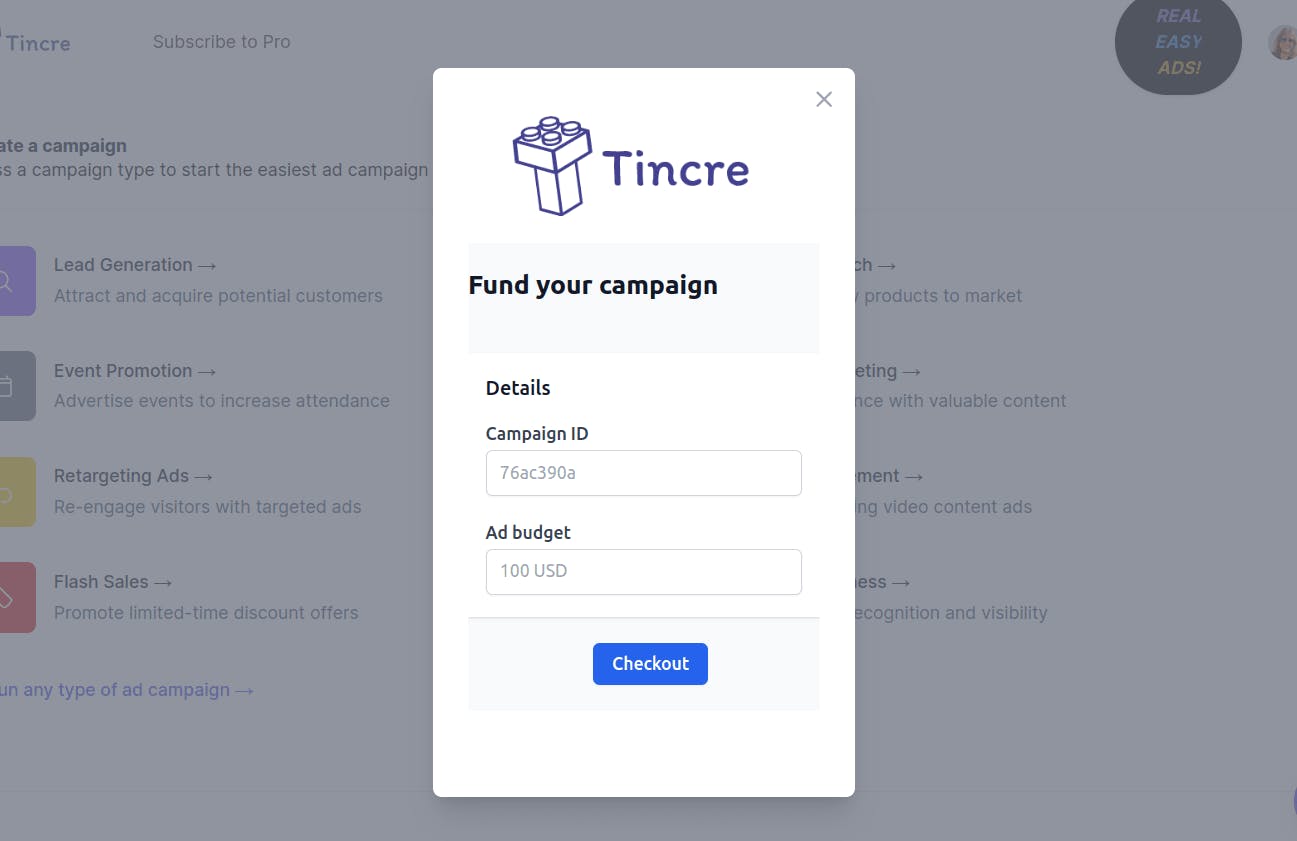 The tincre.com platform payment modal dialog.
